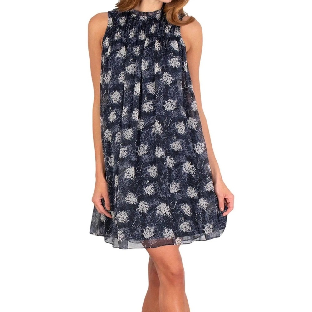 Joie A-Line Navy/White Sleeveless Crew Ruffle Neck Chiffon Mini Dress Small EUC